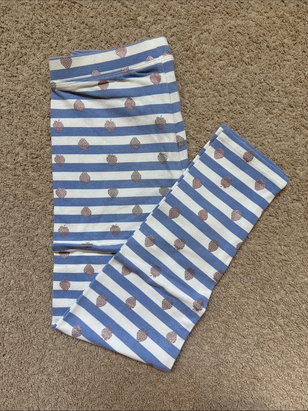 Girls Blue & White Striped Cropped Leggings with Metallic Strawberry Print